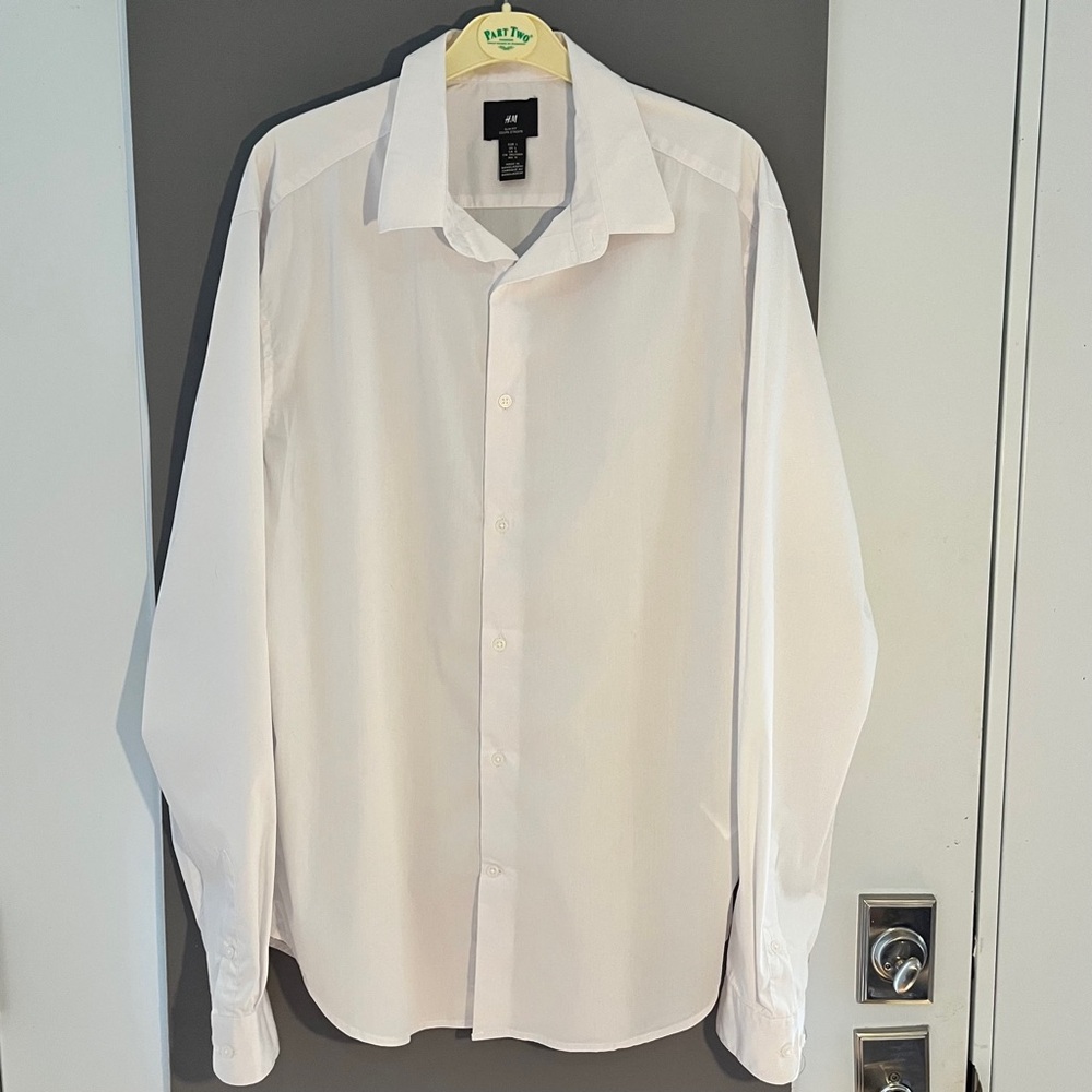 H&M Men's White Slim Fit Cotton Dress Shirt. Size Large